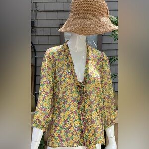 Plum label, sheer yellow floral shirt. 
Button up, with tie, long sleeve,small